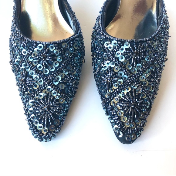 Valenti Franco Ruffles Blue Sequin Mule Heels - Picture 2 of 12
